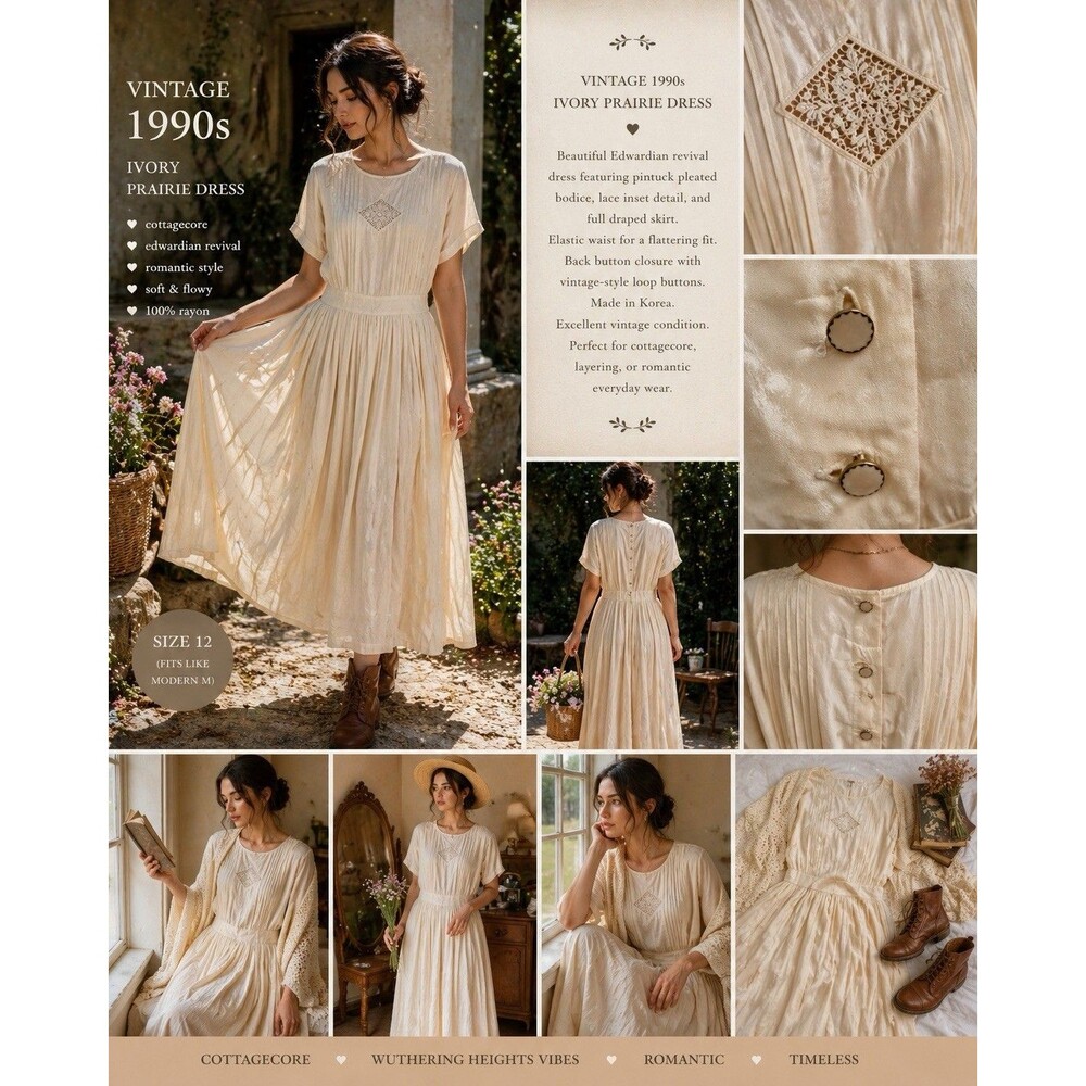 EUC VTG 90s Ivory Rayon Prairie Cottagecore Edwardian Chest Lace Keyhole Pleats